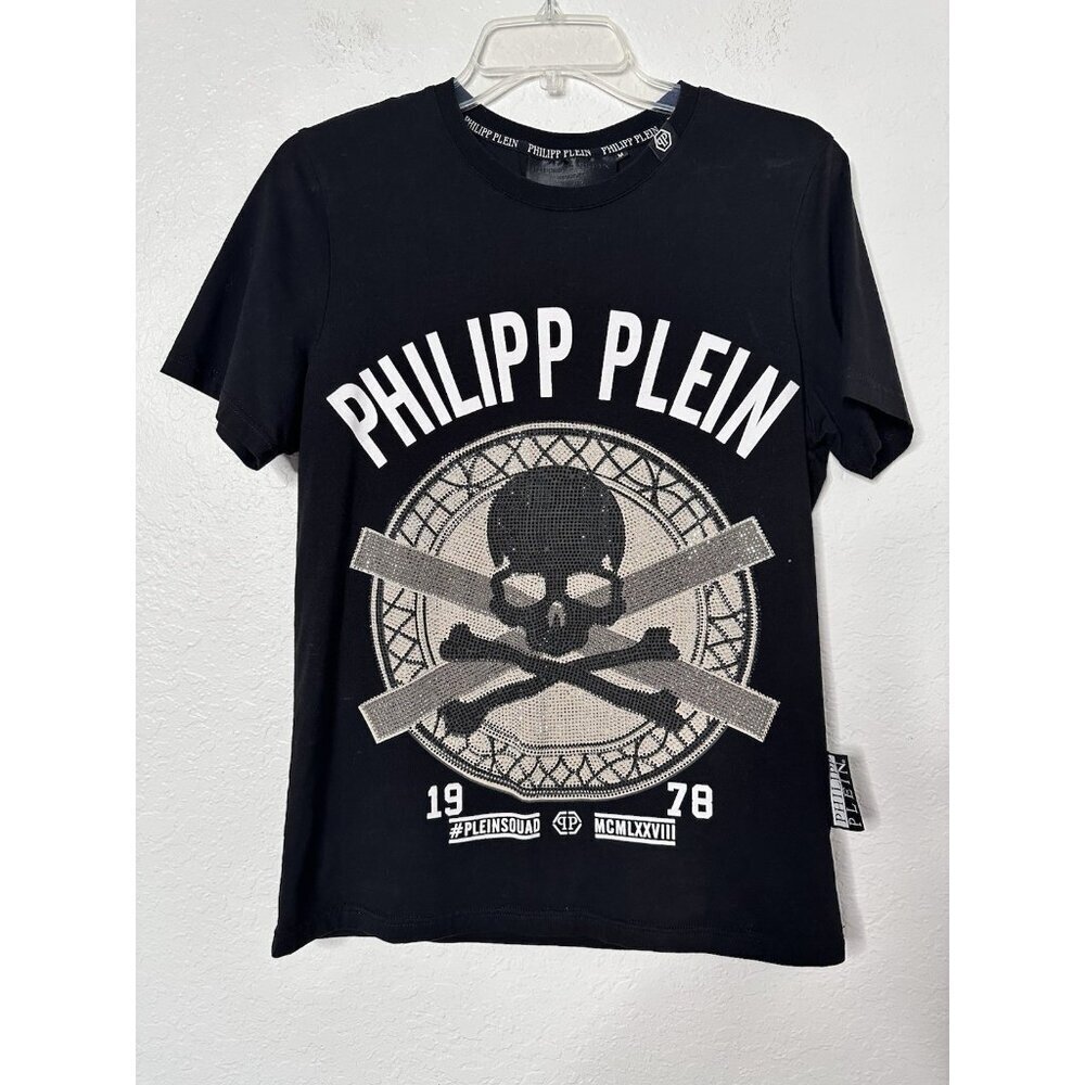 Philipp Plein Women's Embellished Rhinestone Sz M Black T-shirt Made in Italy‎